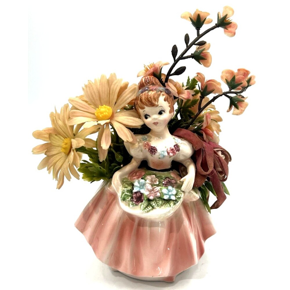 Vtg 1962 Relpo Planter Samson Import Co Girl w/ Flower Basket Figurine Japan MCM